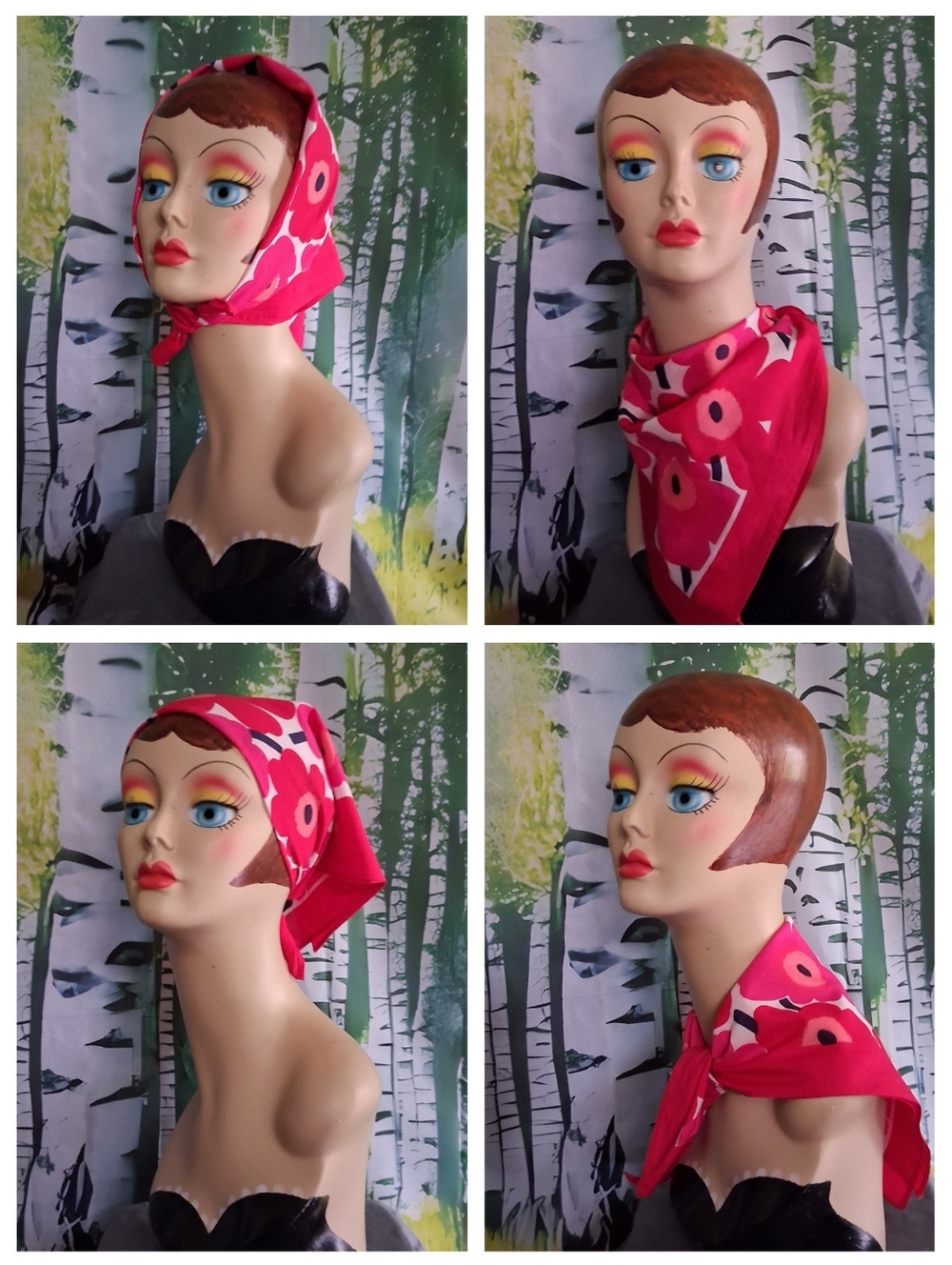 Marimekko "Unikko" Red and Pink Floral Cotton Bandana Scarf - Picture 3 of 6
